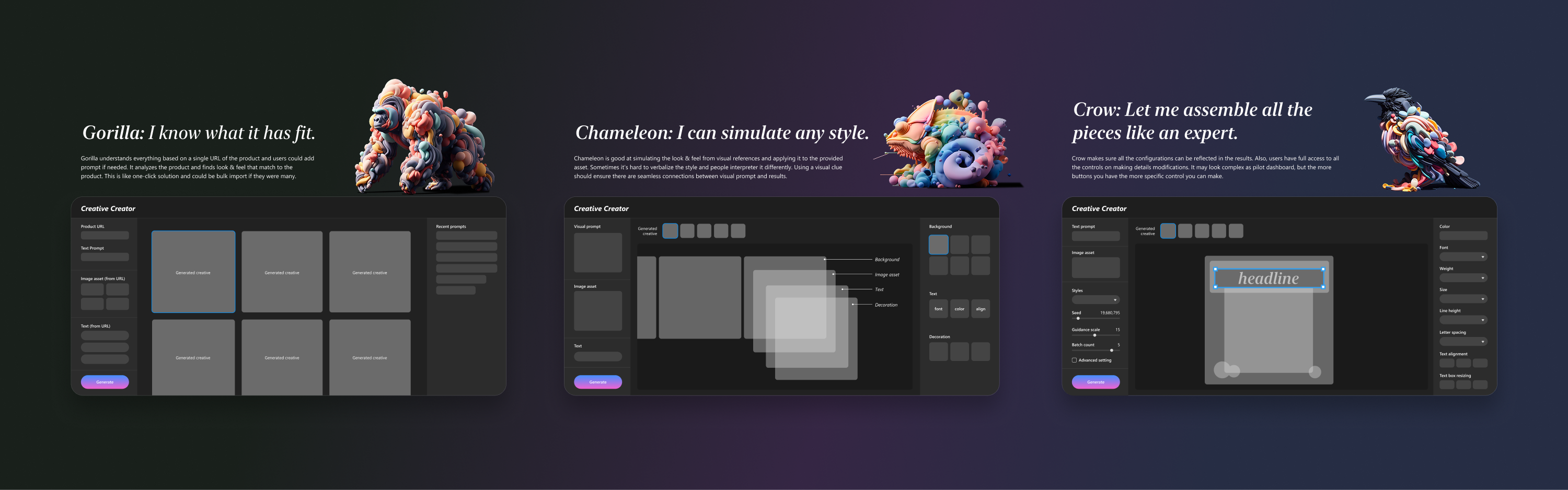 Three concept screens for the Creative Creator tool showing different interaction models: Gorilla mode with bulk asset grid upload, Chameleon mode with style simulation and layered composition preview, and Crow mode with modular assembly showing headline text field and configurable layout controls. Each concept explores different approaches to asset input and banner generation.